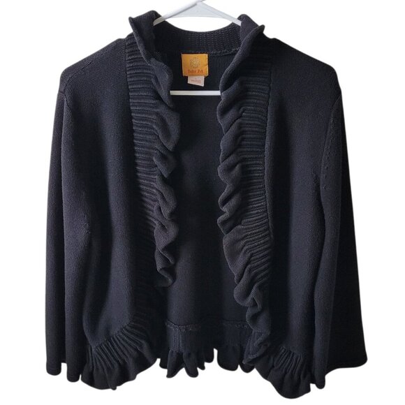 Ruby Rd. Sweaters - Ruby Rd Cardigan Black Ruffled Open Front 3/4 Sleeve Womens Large Boho Academia